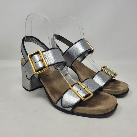 Prada Sandals IT40 US10 Silver Metallic Leather Block Heel Slingback Gold Buckle - Picture 1 of 15